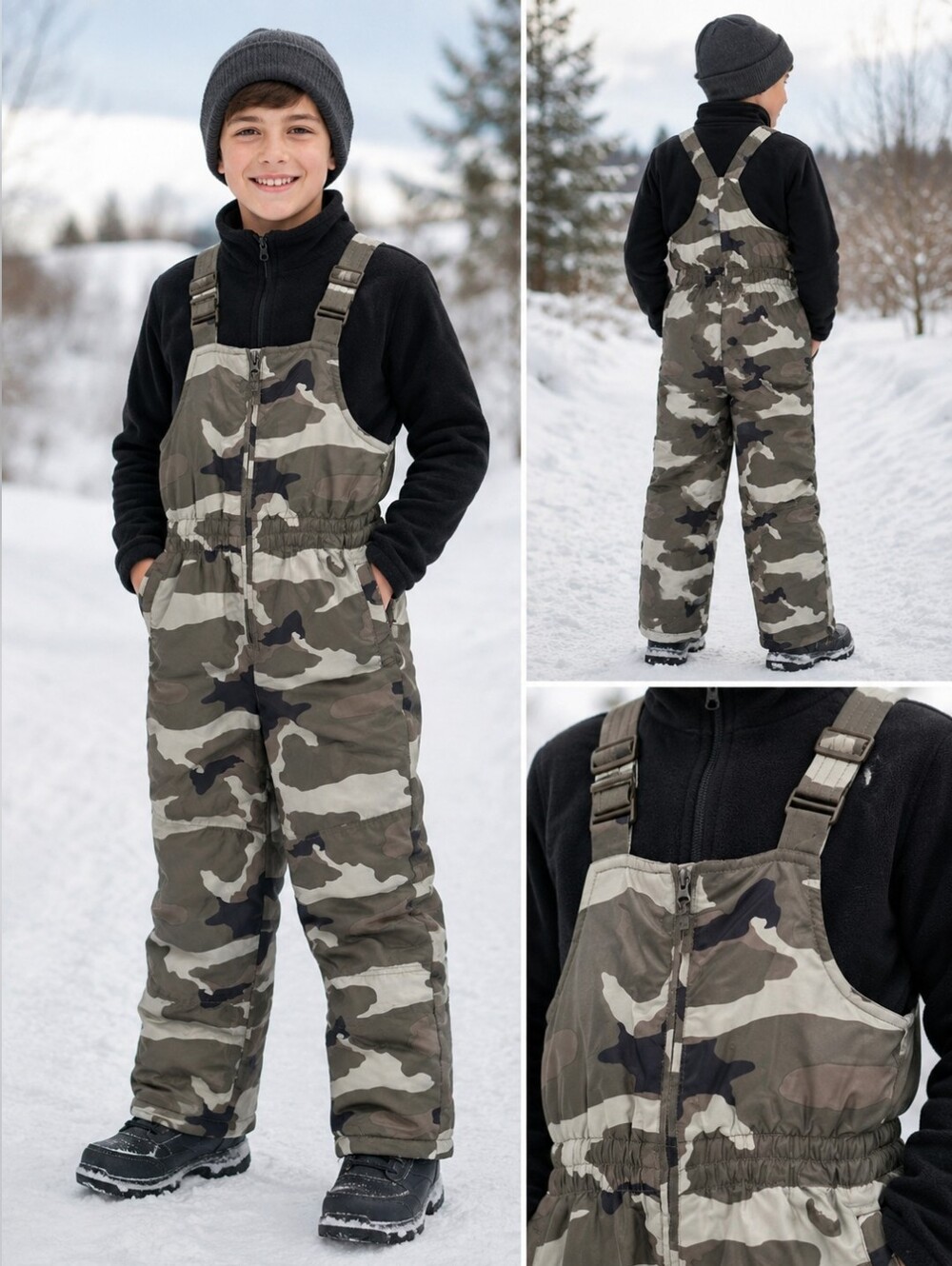 🪖 Faded Glory Camo Insulated Snow Bib Overalls – Kids L 10/12